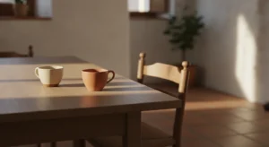 Apropiación indebida entre hermanos: mesa familiar con dos tazas y una silla vacía