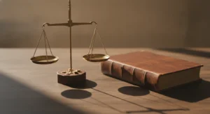 Penas por apropiación indebida: balanza de latón sobre un escritorio de madera